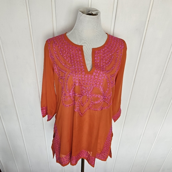 Gretchen Scott XS Orange Pink Sheer Oversized Embroidered BohoTunic Top - Picture 11 of 14